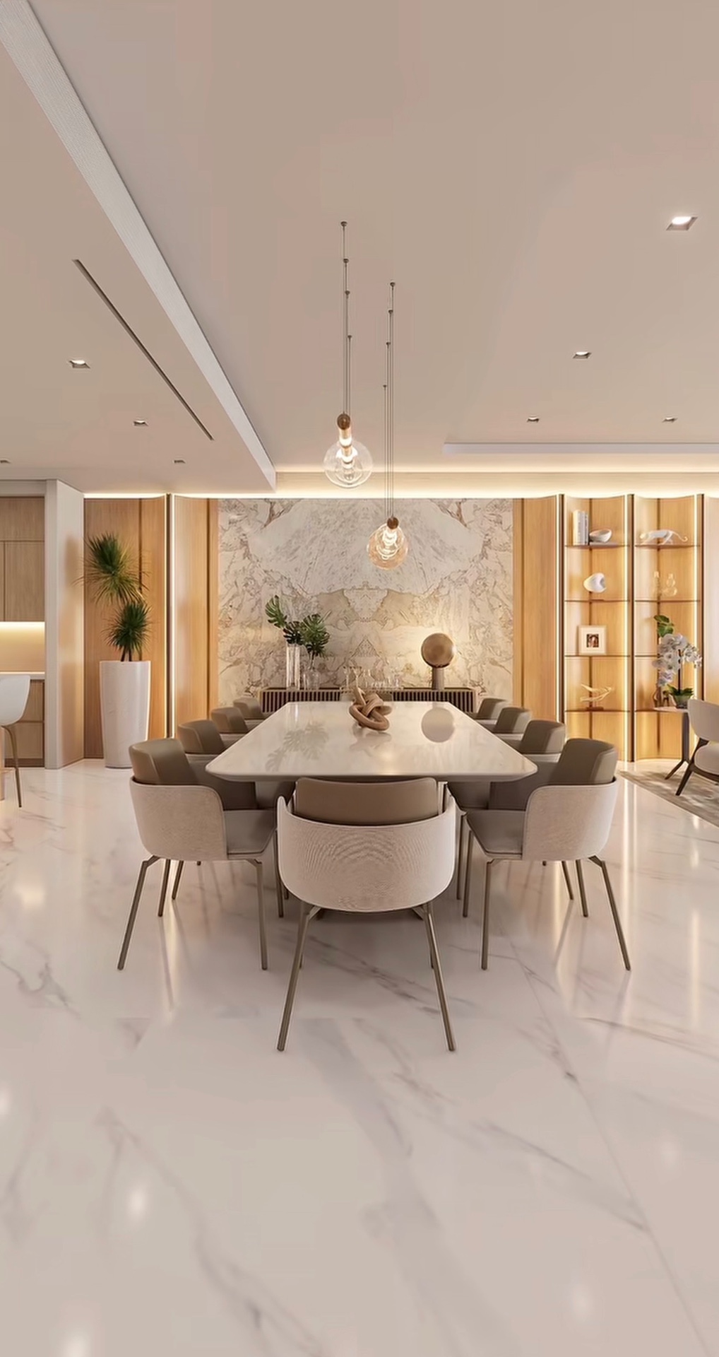 Pristine luxury dining room with marble floors