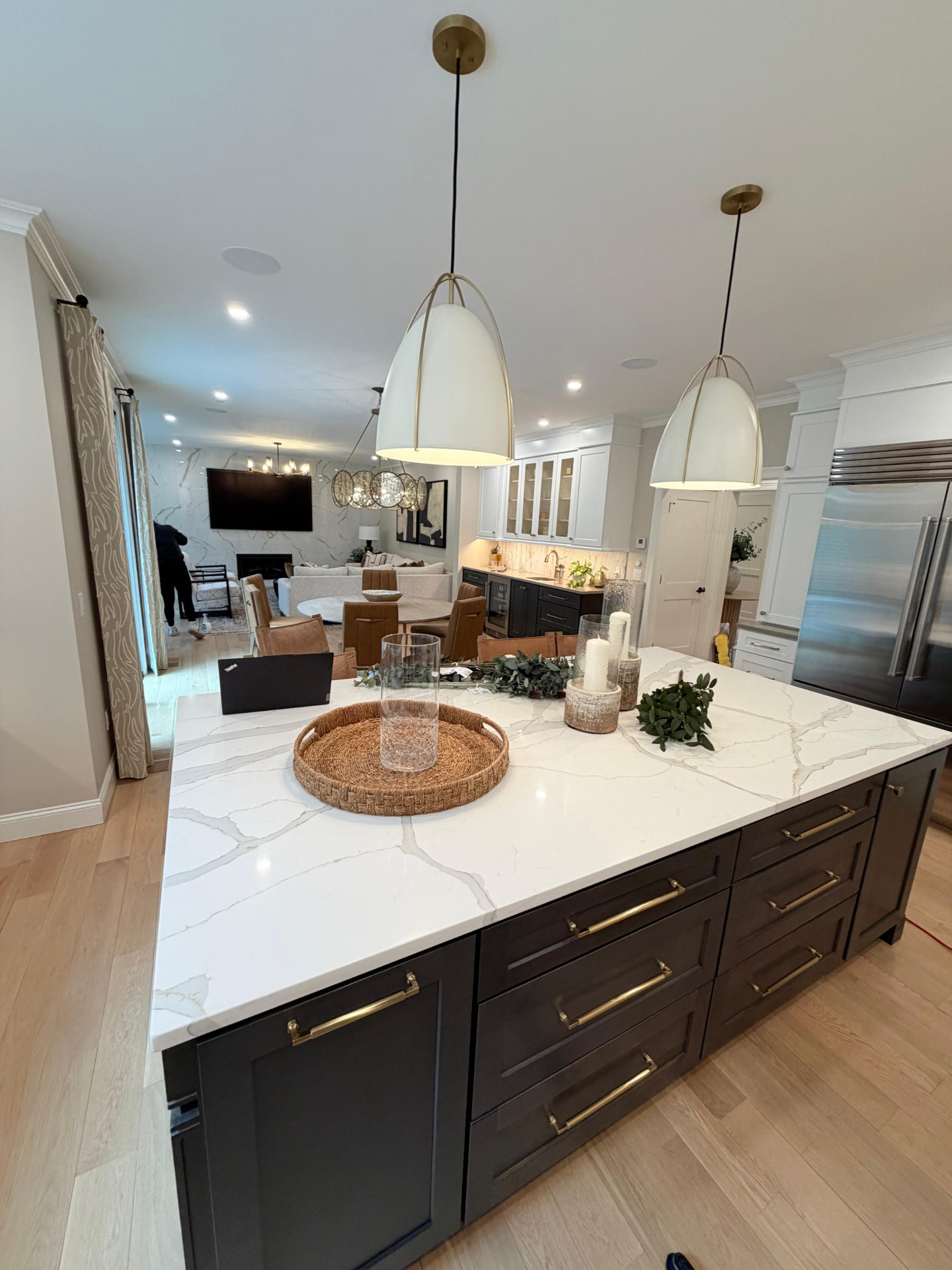 Spotless modern kitchen with marble island